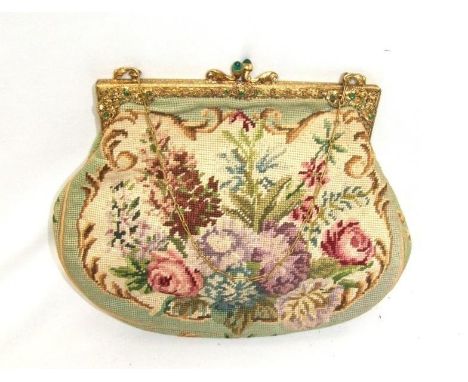 Vintage Tapestry Evening Bag with clasp &amp; trim set green stones  CONDITION REPORT Front right side of purse frame exterio