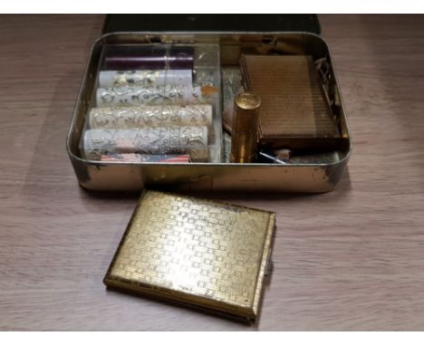 VINTAGE TIN BOX CONTAINING POWDER COMPACTS AND LIPSTICKS