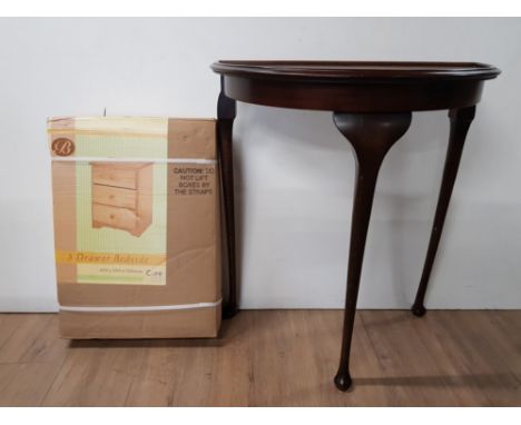 BOXED PINE HONEY FINISH 3 DRAWER BEDSIDE CHEST TOGETHER WITH VINTAGE MAHOGANY DEMI LUNE HALL TABLE