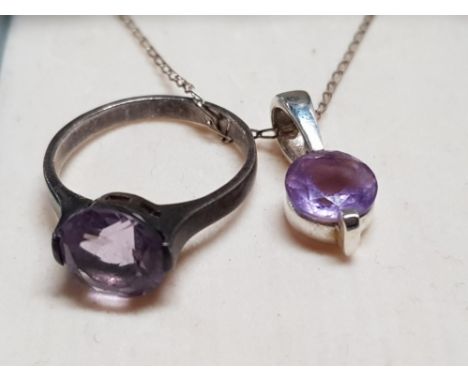 SILVER AND AMETHYST RING SIZE N AND PENDANT SET 5G GROSS  WEIGHT
