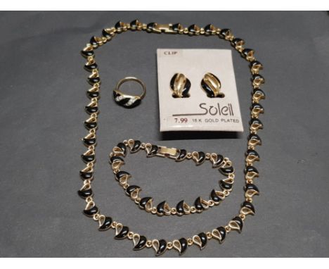 BLACK ENAMEL COROCRAFT NECKLET, BRACELET, RING AND EARRINGS SET RING SIZE K