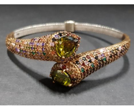 GOLD PLATED SILVER MULTI GEMSTONE CROSS OVER BANGLE 28.2G GROSS WEIGHT