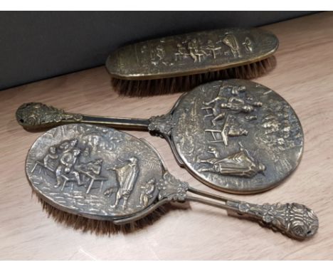 VINTAGE 3 PIECE DRESSING TABLE SET INCLUDES 2 BRUSHES AND HAND MIRROR, ALL WITH A FANTASTIC TUDOR VIOLINIST SCENE ON BACK MAR