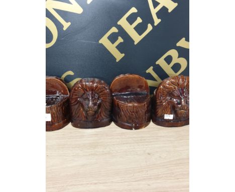 EXTREMELY RARE SET OF 4 LION HEADS ROCKINGHAM/TREACLE GLAZED HAND MOULDED SASH WINDOW STOPS VARIOUS CHIPS AND HAIRLINES BUT N