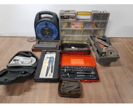 A BOX OF MISCELLANEOUS TOOLS INC SOCKET SET BLACK AND DECKER POWER SHOT ETC