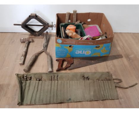 A BOX OF MISCELLANEOUS TOOLS INC DRILL BITS SAWS HAMMER ETC