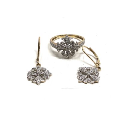 2 x 9ct gold vintage diamond set  ring &amp; drop earring set (4.4g)