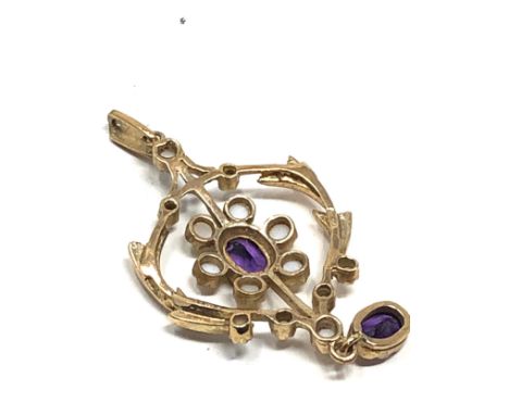 9ct gold amethyst &amp; pearl lavalier pendant (3.7g)