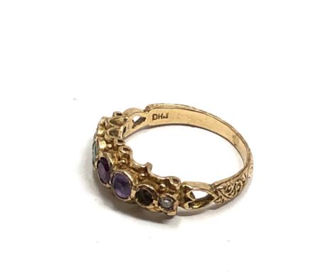 9ct gold vintage diamond, emerald, amethyst, ruby, sapphire &amp; tourmaline ring missing stone