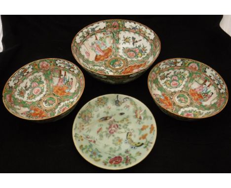 Three various Chinese famille-rose bowls and a celadon glazed famille-rose plate with seal mark to base CONDITION REPORTS Thr