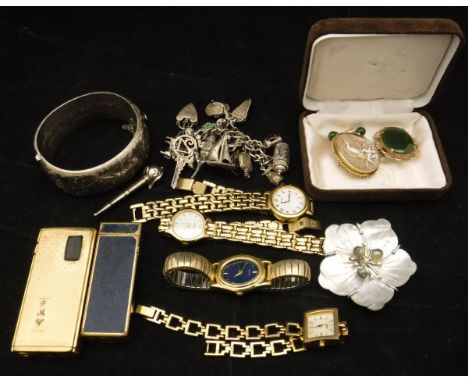 A collection of jewellery, etc, to include a silver charm bracelet bearing various charms to include an enamel decorated arti