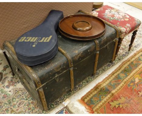 A wood bound black leather steamer trunk, a 19th Century mahogany framed stool, mahogany Lazy Susan and a selection of racque