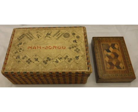 A 19th Century Tunbridge ware hinged lidded card box, together with a vintage mah-jong set in cardboard box, manufactured by 