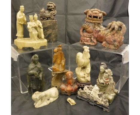 A collection of various Chinese soapstone wares including dog of Fo with removable head, opening to reveal pot and several va