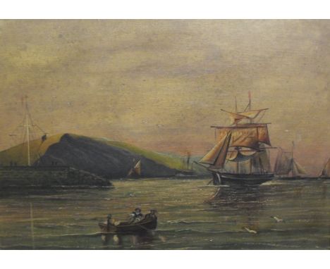 WHITE "Coastal landscape with sailing vessels and steam vessel in background, figures in a tender in foreground", oil on boar