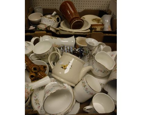 Four boxes of assorted household china to include floral decorated "Mayfair" part tea set, various vases, an Alfred Meakin "T