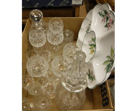 A box of various glassware to include hock glasses, decanters and other drinking glasses, a Royal Worcester "Herbs" hors d'oe