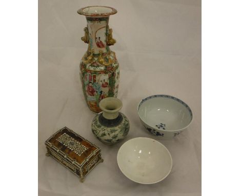 A collection of mainly Chinese porcelain including a famille-rose figural decorated vase, blue and white blossom decorated fo