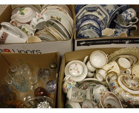 Three boxes of assorted china wares to include blue and white decorative plates, Aynsley pin dish, various dinner wares, etc,
