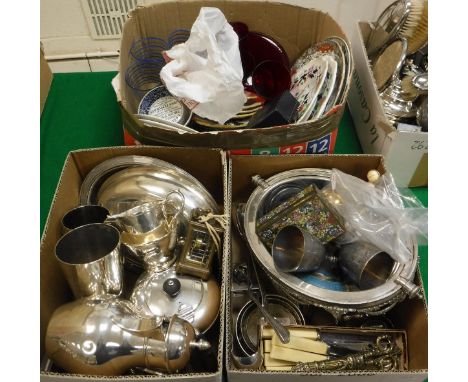 Two boxes of assorted plated and other metal wares to include breakfast tureen, asparagus servers, two large mugs, together w