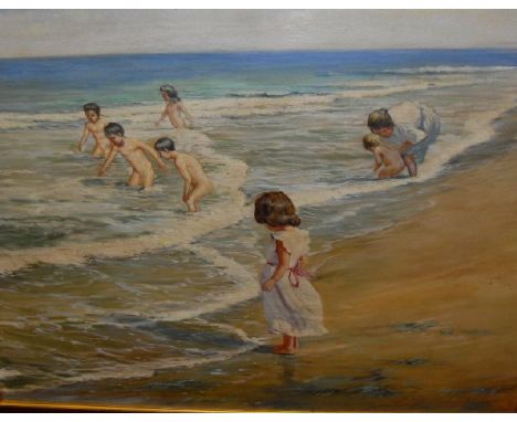 R LUNA "Children by the sea", oil on canvas, signed lower right