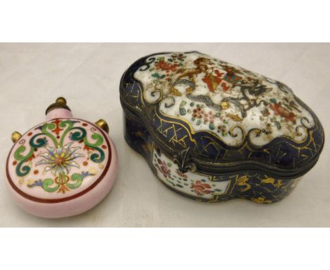 A porcelain shaped hinged lidded box with armorial decoration in the Chinese style, together with a Chinese porcelain scent b