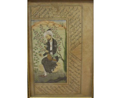 An early 20th CENTURY INDIAN SCHOOL "A white turbaned figure sitting upon a rock amongst flowers", watercolour, bears script 