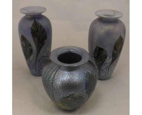 JONATHAN HARRIS - two studio glass vases with a lilac ground, together with a similar ovoid vase by JONATHAN HARRIS with an i