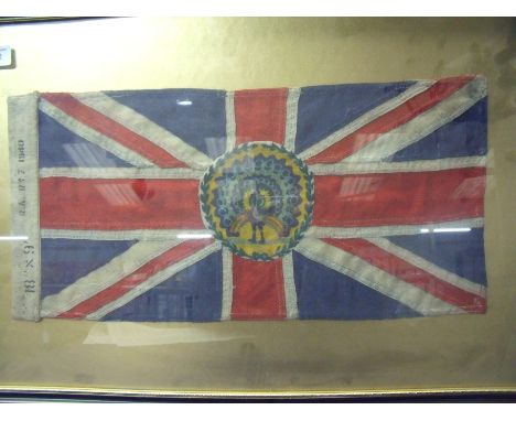 Framed Burmese Flag (18inch x 19inch) marked R.A. R↑7 dated 1940, inscription on the back of frame stating 'The last British 