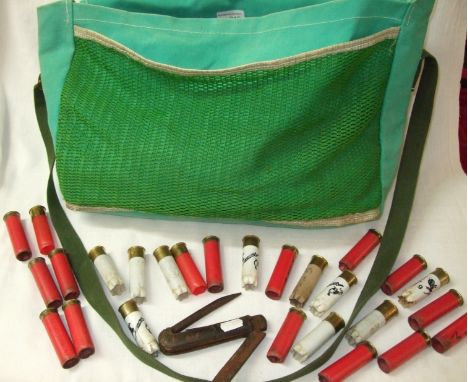 Game bag, small selection of cartridge cases and a model 1 military jackknife 