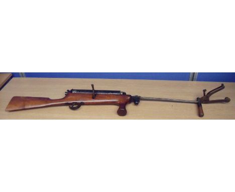 Scarce clay pigeon trap gun marked R Blanton Ringwood full patent No. 2024688 with mahogany stock mounted in stained pine gun