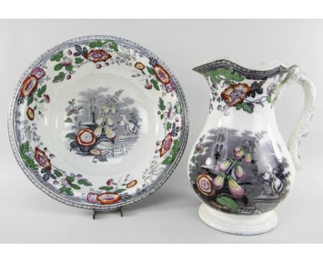 AN YNYSMEUDWY POTTERY 'FOUNTAIN' TOILET JUG &amp; BASIN the jug of baluster form with spreading foot, having a moulded twig h