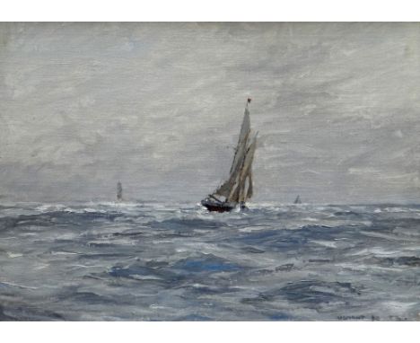 SIR FRANK BRANGWYN RA oil on board - entitled verso 'Fishing Smacks off Ushant 1890' on The Fine Art Society label, signed an
