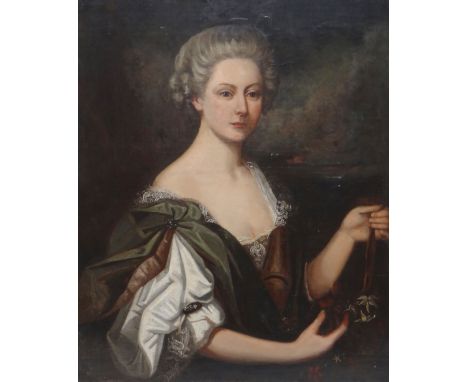 18TH CENTURY BRITISH SCHOOL oil on canvas - head and shoulders portrait of a lady, with a distant fire in the background, per