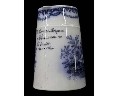 A CAMBRIAN SWANSEA POTTERY JUG OF TAPERING FORM with blue marine-life and shells transfer and inscribed 'Mrs Thomas Morgan, R