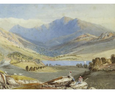 I W R (Victorian British) watercolour - Welsh mountain landscape with two travellers and distant farmer, entitled verso 'Cade