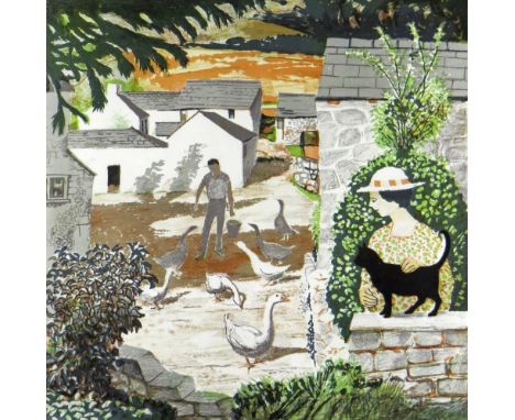 JOHN ELWYN limited edition (233/260) lithograph - farmyard with two figures, cat and geese, signed, 45 x 45cms Provenance: pr