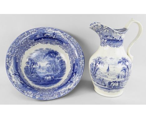 AN YNYSMEUDWY POTTERY WASH JUG &amp; BOWL the jug of baluster form with narrow neck and snaking loop handle, the bowl of flar