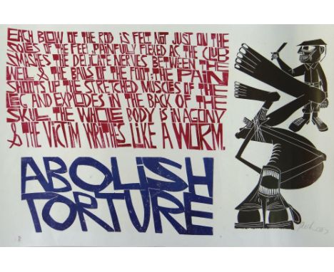 PAUL PETER PIECH three colour lithograph - 'Abolish Torture' with passage by Greek author and journalist Nicholas Gage descri
