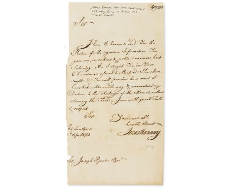 Hanway (Jonas, merchant and politician, bap. 1712, d. 1786) Autograph Letter signed to Sir Joseph Banks, 1p., folio, Red Lion