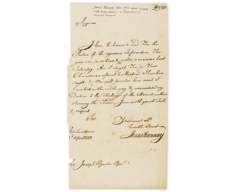 Hanway (Jonas, merchant and politician, bap. 1712, d. 1786) Autograph Letter signed to Sir Joseph Banks, 1p., folio, Red Lion