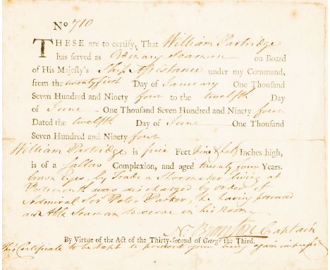 Certificate protecting against impressment in the Royal Navy.- Brunton (Nathan, Vice-Admiral of the White, as Captain, 1744-1