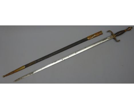 19th century French rapier with 79cm steel blade, brass hilt with single ring, curving quillons, facetted bulbous pommel and 