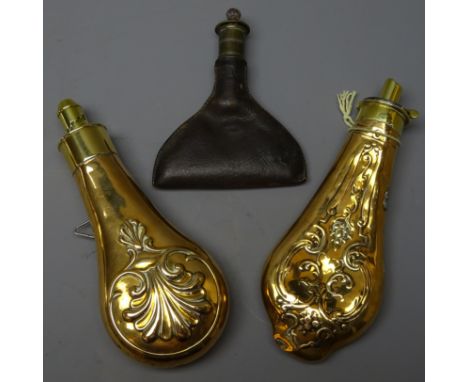 19th century leather Shot Flask with slide out nickel dispensing cap L14cm and two copper Powder  Flasks with embossed decora