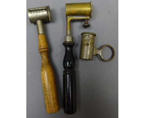 Schultze brass shot/powder measure with turned ebonised handle, another nickel stamped B.G.I Co.Pat. Feb 25 1890 with turned 