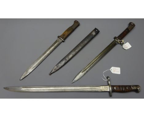 Czechoslovakian bayonet with 30cm blade marked CSZ O, in metal scabbard, a USA pattern 1918 Remington bayonet and a German 18