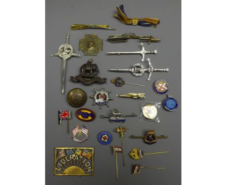 Collection of enamel and other pin badges including 'Liberation', West Riding Cap Badge, Royal Berks. bar brooch, rifle and p