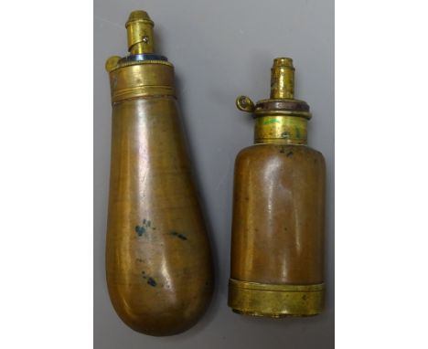 G & J.W Hawksley combined Pistol shot and powder flask, copper bottle shaped body with brass dispenser and swivel compartment