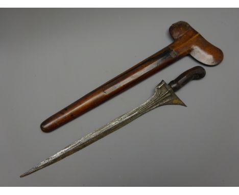 Malayan Kris, 33cm fullered double edge steel blade, shaped hardwood grip carved with symbols, in hardwood scabbard, L48cm Co