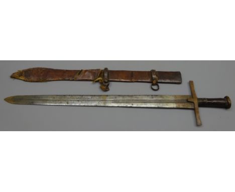 Sudanese Kaskara Sword , 65cm broad double edged fullered blade engraved opposing moons, leather bound wooden grip and iron c
